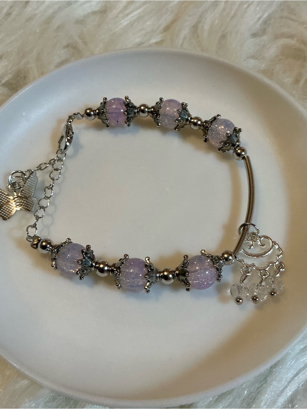Butterfly Charm Bracelet with Light Purple Beads and Silver-Tone Accents